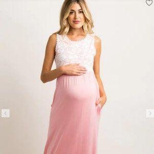 PinkBlush Light Coral Lace Overlay Top Maternity Maxi Dress